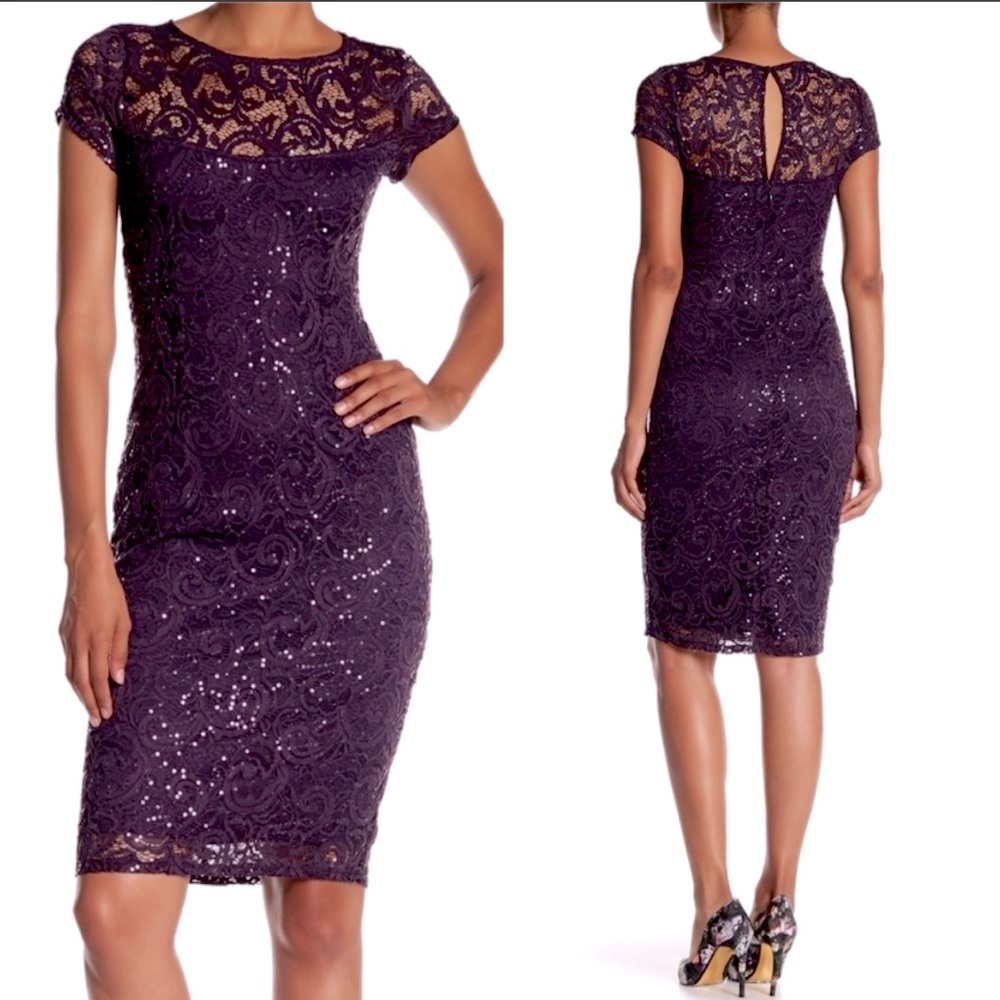 MARINA Purple Lace Sequin Midi Dress